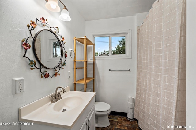 1510 E 40th Ct, Anchorage, AK 99508 - bathroom with vanity, stone finish flooring, and curtained shower