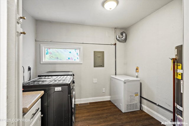 1510 E 40th Ct, Anchorage, AK 99508 - laundry area featuring water heater, dark wood-style floors, cabinet space, electric panel, and separate washer and dryer