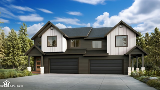 view of front of home with an attached garage, roof with shingles, board and batten siding, and concrete driveway