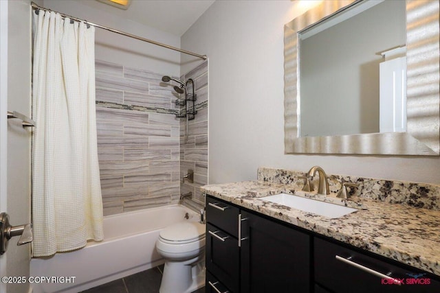 full bathroom featuring vanity, tile patterned flooring, toilet, and shower / bath combo with shower curtain