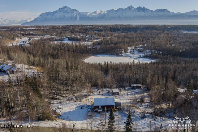 snowy aerial view with a mountain view