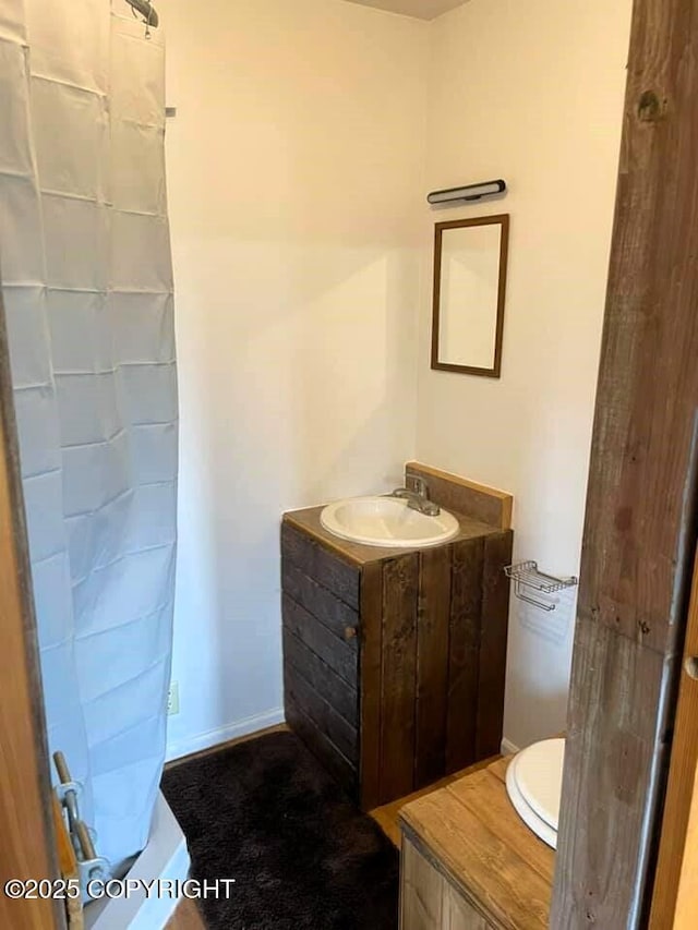 bathroom with vanity, walk in shower, and toilet