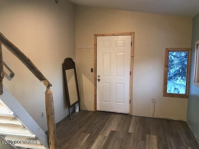 entrance foyer with lofted ceiling and dark hardwood / wood-style flooring