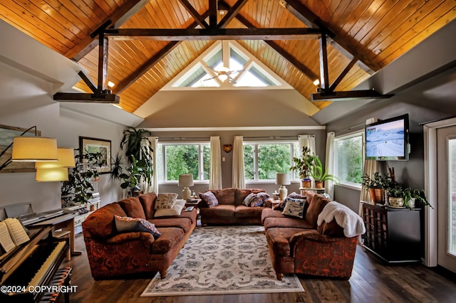 living room with high vaulted ceiling, dark wood-type flooring, wooden ceiling, and ceiling fan