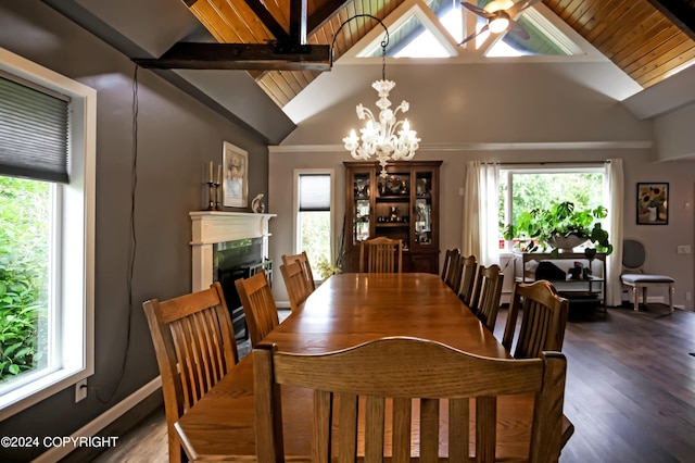 dining space with dark hardwood / wood-style floors, a wealth of natural light, lofted ceiling with beams, and a notable chandelier