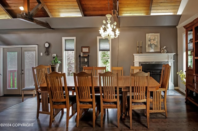 dining room featuring beam ceiling, a high end fireplace, french doors, wood ceiling, and an inviting chandelier