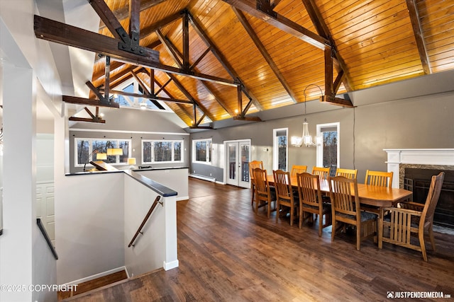 dining room featuring dark hardwood / wood-style flooring, beam ceiling, wooden ceiling, and a fireplace