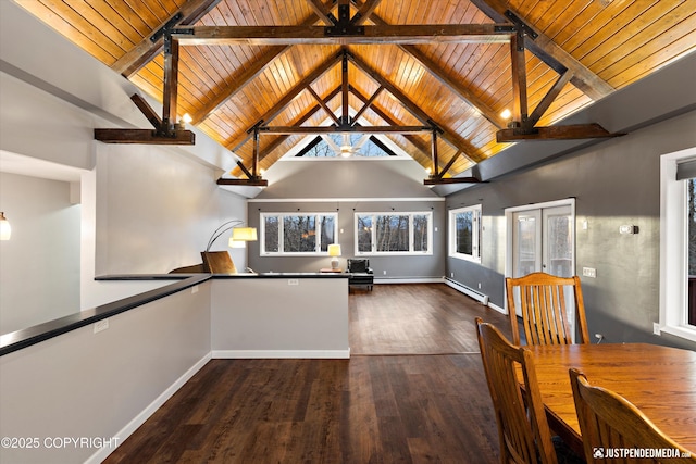 unfurnished dining area with a baseboard heating unit, dark wood-type flooring, high vaulted ceiling, and wooden ceiling