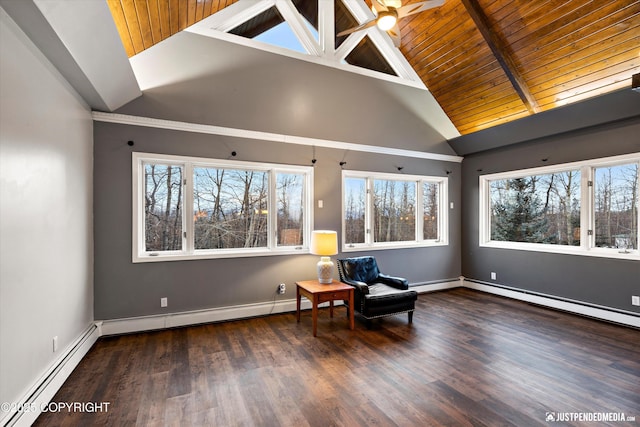 unfurnished room featuring baseboard heating, dark hardwood / wood-style flooring, and wooden ceiling