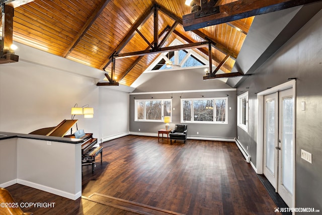 interior space with baseboard heating, beamed ceiling, dark wood-type flooring, and wooden ceiling