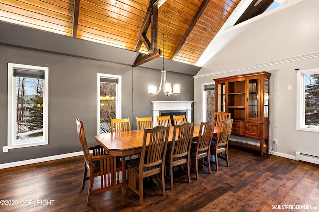 dining area featuring an inviting chandelier, beamed ceiling, dark wood-type flooring, wooden ceiling, and high vaulted ceiling