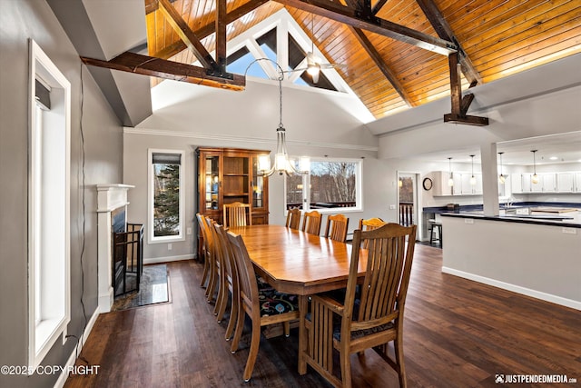 dining room with a chandelier, wooden ceiling, dark hardwood / wood-style floors, and beam ceiling