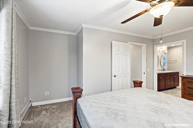 carpeted bedroom with baseboard heating, ceiling fan, sink, and crown molding