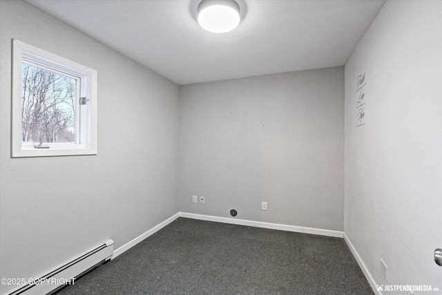 unfurnished room with dark carpet and a baseboard heating unit