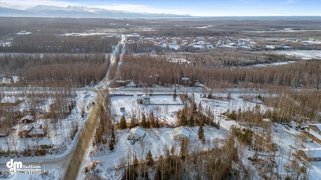 snowy aerial view with a mountain view