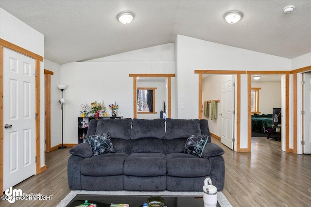 living room featuring hardwood / wood-style flooring, lofted ceiling, and a textured ceiling