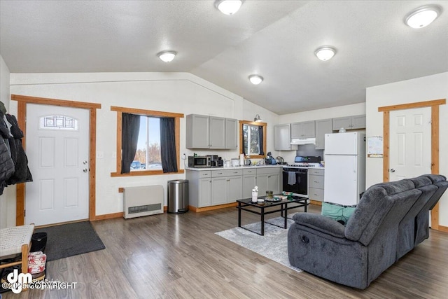 living room with hardwood / wood-style flooring, vaulted ceiling, heating unit, and a textured ceiling