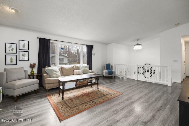 living area featuring wood finished floors and a textured ceiling