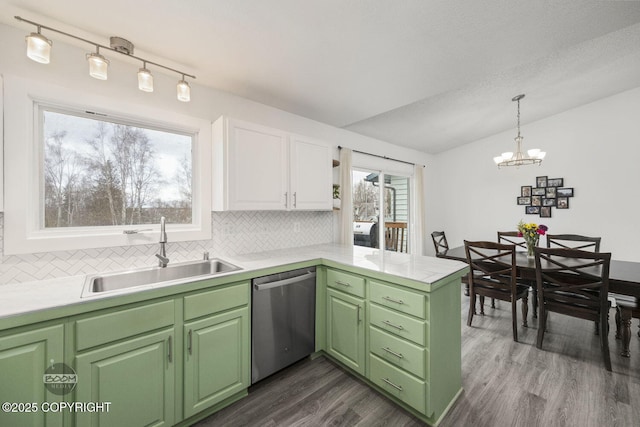 kitchen featuring dishwasher, backsplash, white cabinetry, and a sink
