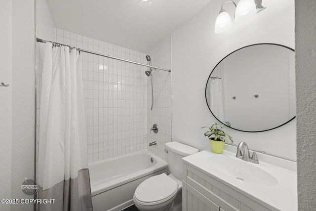 bathroom with shower / bath combination with curtain, toilet, and vanity