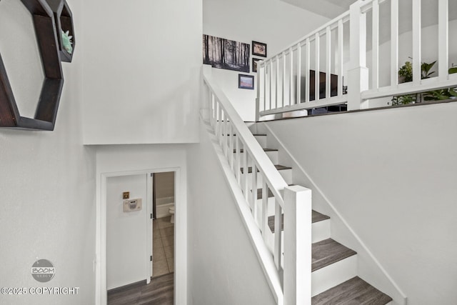 staircase featuring wood finished floors and a towering ceiling