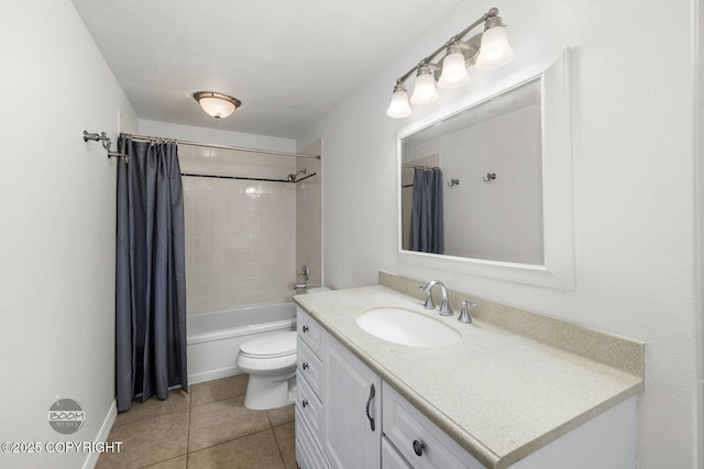bathroom with tile patterned floors, vanity, shower / bathtub combination with curtain, and toilet