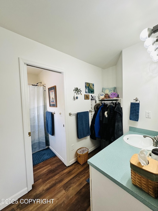 bathroom featuring vanity and hardwood / wood-style floors