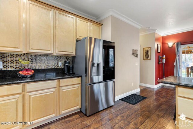 kitchen featuring stainless steel fridge, ornamental molding, dark hardwood / wood-style flooring, decorative backsplash, and light brown cabinets