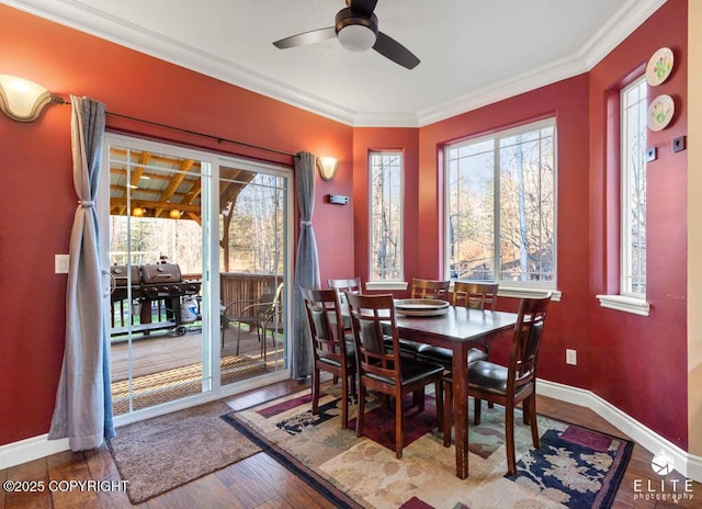 dining room featuring hardwood / wood-style flooring, ornamental molding, a healthy amount of sunlight, and ceiling fan