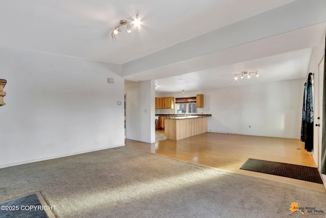 unfurnished living room with light carpet and light wood-style flooring