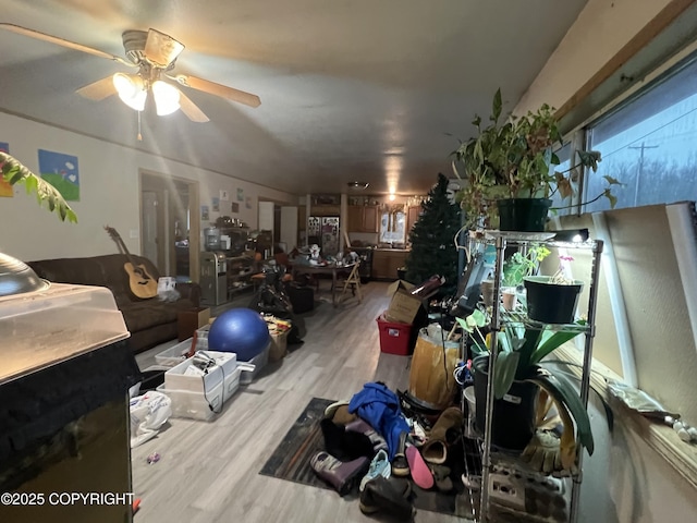 interior space with ceiling fan and light hardwood / wood-style flooring