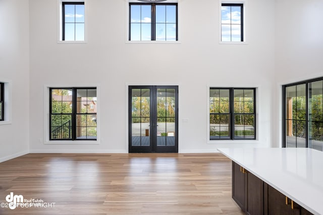 interior space featuring a towering ceiling, plenty of natural light, and light hardwood / wood-style flooring