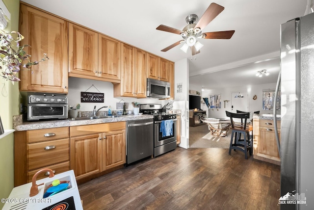 kitchen with dark wood-type flooring, ceiling fan, appliances with stainless steel finishes, and sink