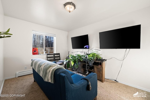 living room featuring carpet and baseboard heating