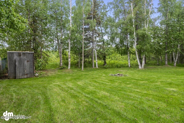 view of yard featuring an outbuilding and a shed