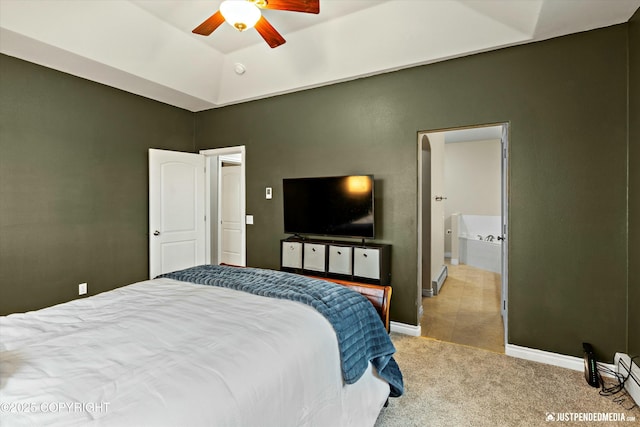 carpeted bedroom featuring ceiling fan, baseboards, and baseboard heating