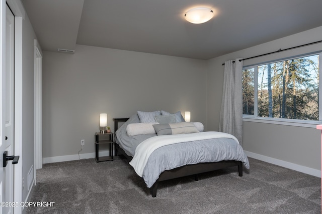 bedroom with dark colored carpet