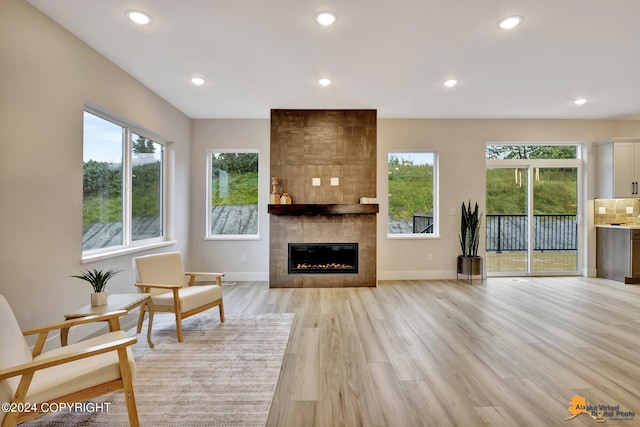 living room featuring a tiled fireplace, a wealth of natural light, and light wood-type flooring