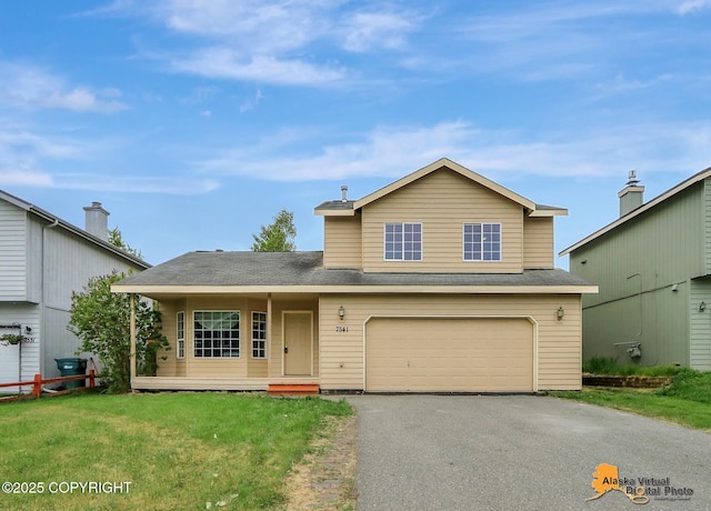 7541 Florence Cir, Anchorage, AK 99507 - traditional-style home with asphalt driveway, a garage, a front lawn, and roof with shingles