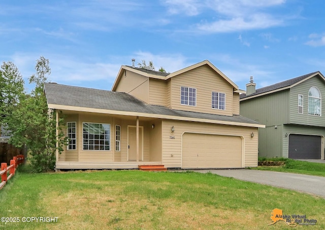 7541 Florence Cir, Anchorage, AK 99507 - view of front of house featuring a garage, asphalt driveway, a front yard, and a shingled roof