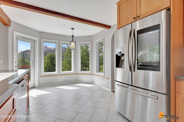 10235 Stewart Dr, Eagle River, AK 99577 - kitchen with stainless steel refrigerator with ice dispenser, pendant lighting, beamed ceiling, light tile patterned floors, and light stone countertops