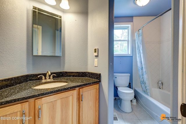 10235 Stewart Dr, Eagle River, AK 99577 - full bath featuring vanity, tile patterned floors, shower / tub combo with curtain, and a textured wall
