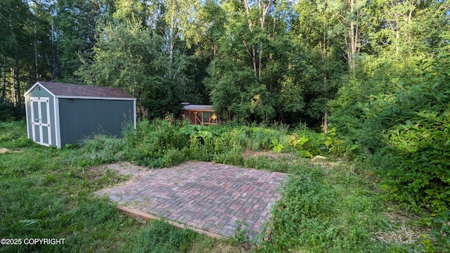 view of yard with a shed and a patio