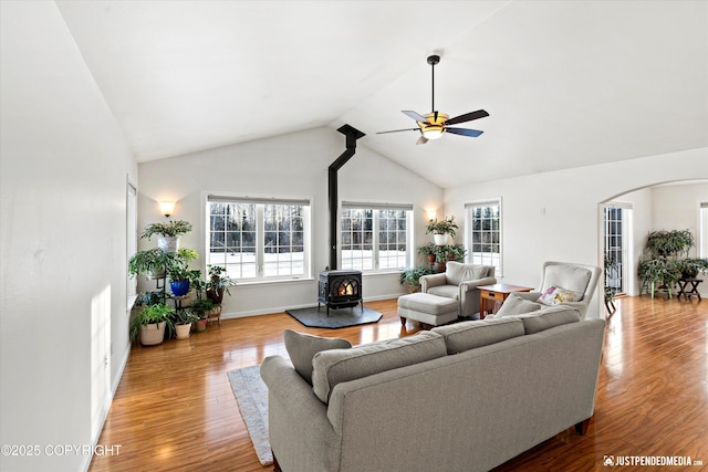 living room featuring hardwood / wood-style flooring, a wealth of natural light, and a wood stove