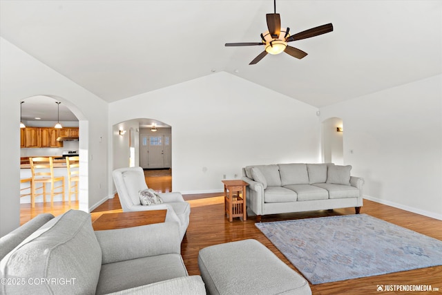 living room featuring ceiling fan, vaulted ceiling, and wood-type flooring