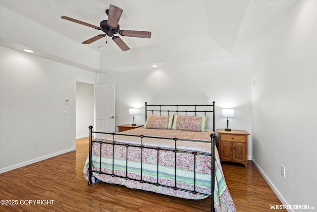 bedroom with hardwood / wood-style floors and a tray ceiling