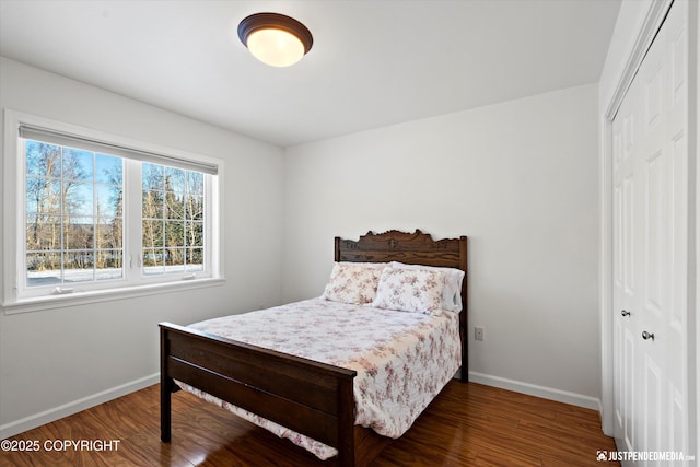 bedroom with dark wood-type flooring and a closet