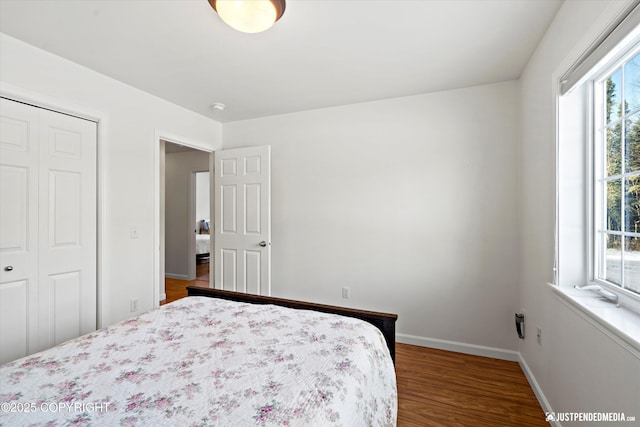 bedroom featuring a closet, dark hardwood / wood-style floors, and multiple windows