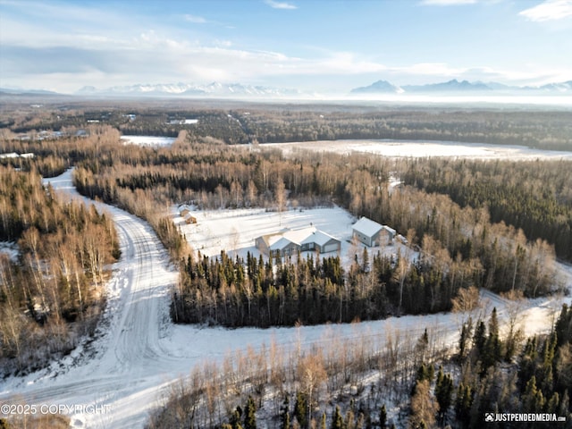 snowy aerial view with a mountain view