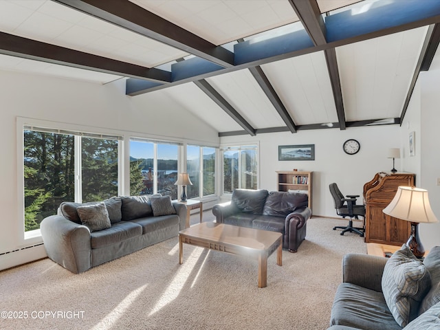 carpeted living room with lofted ceiling with beams
